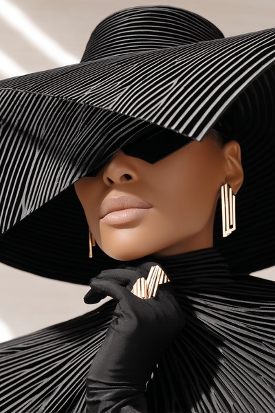 A striking close-up shot featuring a model in a pleated black ensemble and architectural gold statement earrings that create a premium luxury vibe.