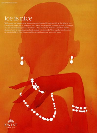 A high-contrast illustrated jewelry advertisement featuring a silhouette of a person wearing luxury necklaces, rings, and earrings against an orange background.