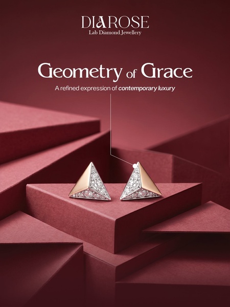 A refined product advertisement for lab diamond earrings featuring a geometric display on a deep red backdrop.