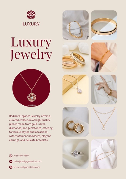 A sophisticated, clean grid layout featuring multiple close-up shots of gold and gemstone jewelry against a soft, neutral background.