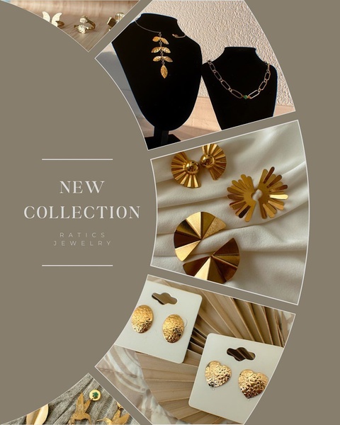 A split-screen aesthetic collage featuring various gold jewelry pieces including necklaces, earrings, and rings on neutral, textured backgrounds.