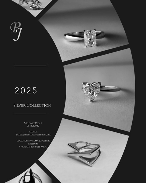 A sophisticated, high-contrast carousel-style layout highlighting various silver ring designs against a clean, professional backdrop.