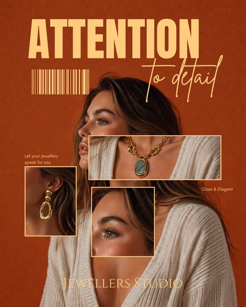 A sophisticated, high-end editorial ad featuring jewelry items layered over a model's portrait with a warm, monochromatic color palette.