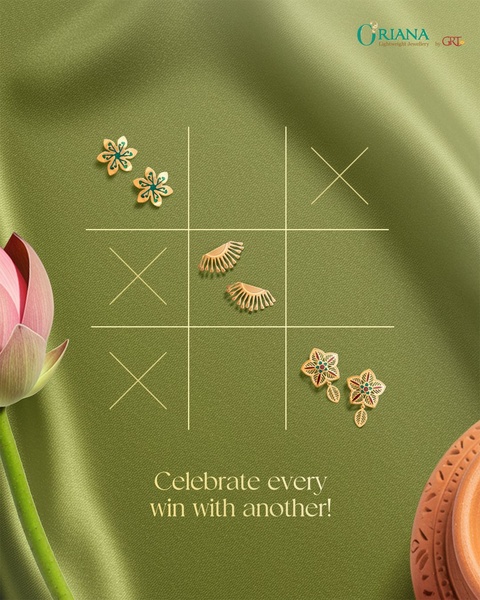 A minimalist, grid-based aesthetic showcasing different earring designs against a soft green satin background with a lotus element.