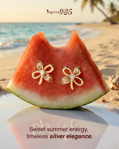 A pair of gold-toned flower earrings resting on a slice of fresh watermelon against a sun-drenched beach backdrop.