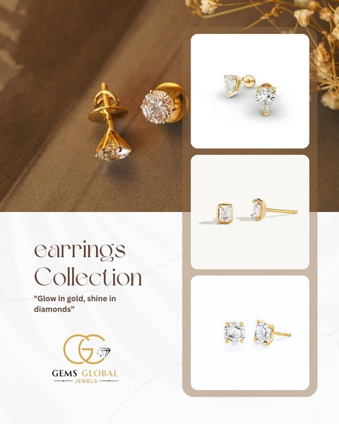 This ad features a curated grid layout showcasing three distinct styles of gold earrings, combining a high-end editorial feel with clean product photography.