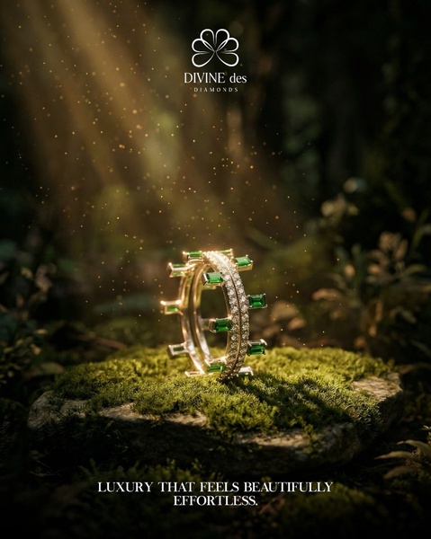 A high-end emerald ring displayed on a mossy stone, illuminated by soft, natural forest sunlight to convey effortless luxury.