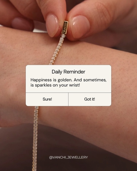 A close-up, high-aesthetic photo of a tennis bracelet being clasped, featuring a mobile-style daily reminder interface.