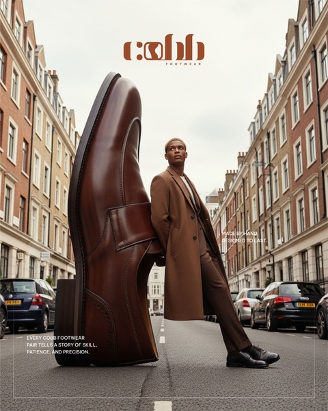 An oversized leather dress shoe stands in the middle of a city street next to a model, highlighting precision and premium craftsmanship.