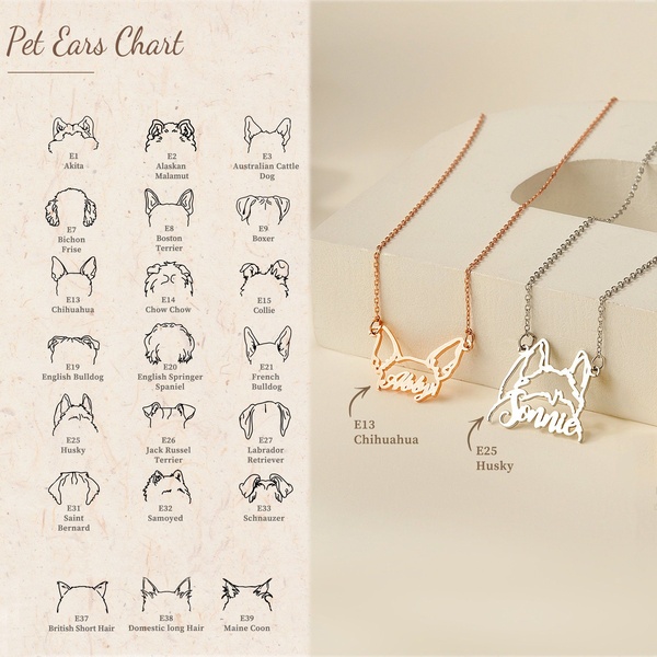 A minimalist jewelry ad featuring a pet ear selection chart alongside two finished custom necklaces in rose gold and silver finishes.