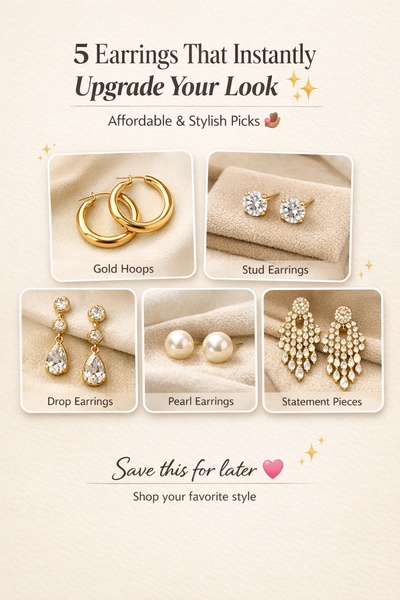 A clean, editorial-style grid layout showcasing five different earring styles with minimalist, warm-toned backgrounds.