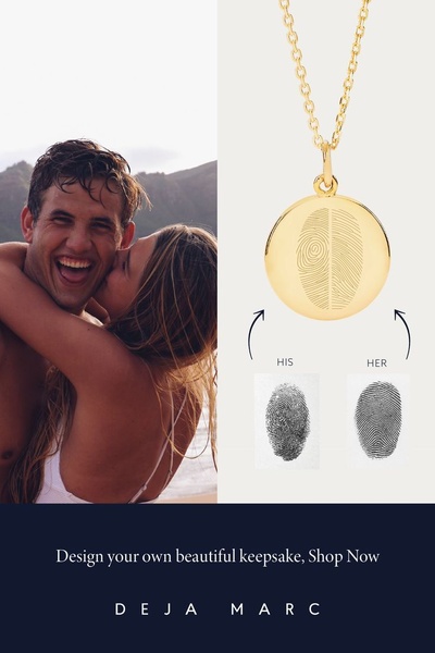 This ad creative features an emotional product shot showing a customized gold fingerprint pendant side-by-side with a couple's intimate moment.