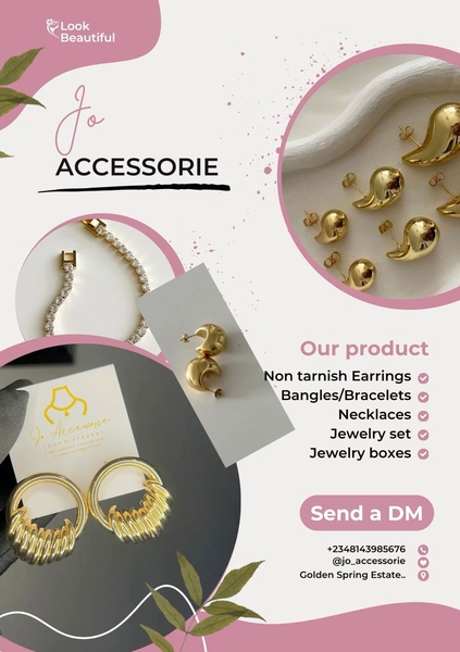 A clean, minimalist collage layout featuring various jewelry pieces like earrings and bracelets against a soft pink and white background.