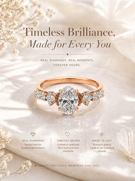 A high-end editorial display featuring an oval engagement ring on a soft, textured stone surface surrounded by delicate florals.