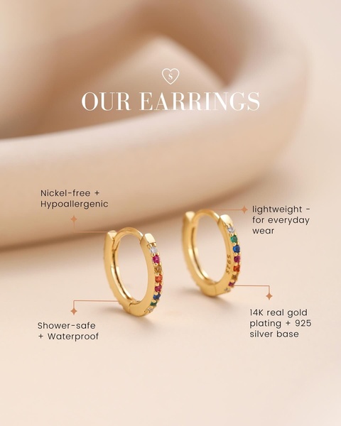 A clean, high-contrast product-centric image using clear callouts to detail the key benefits of gold plated hoop earrings.