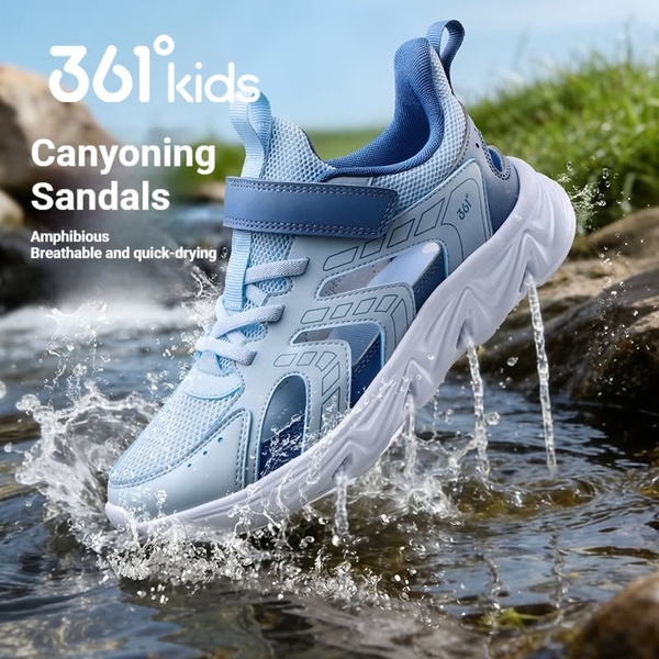 A 1:1 square format creative featuring Canyoning Sandals mid-splash in a river, emphasizing amphibious capabilities and quick-drying benefits.