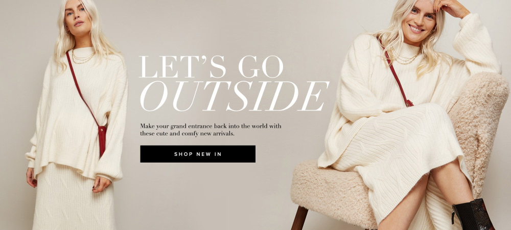This ad creative utilizes a wide-angle, symmetrical layout featuring two models wearing matching cream-colored knit sweaters, emphasizing comfort and seasonal transition.
