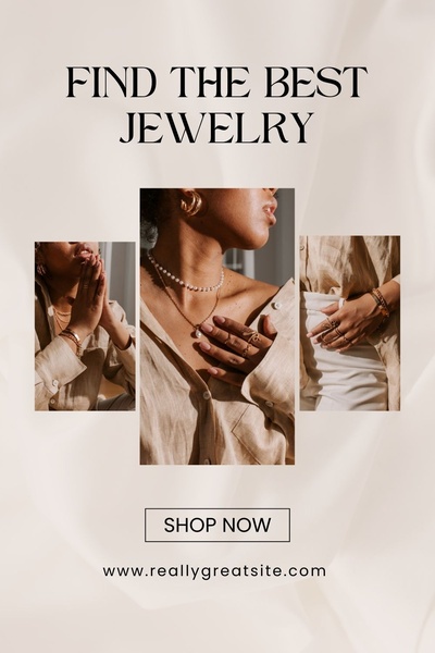 A high-end editorial display showcasing delicate gold jewelry pieces across three vertical panels on a soft, neutral-toned background.