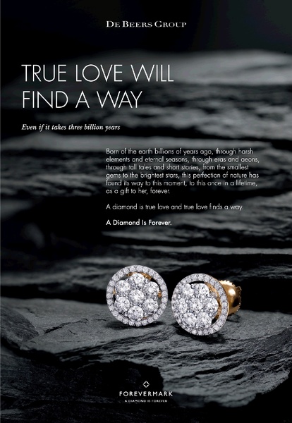 A high-end print-style ad for diamond earrings focusing on a deep narrative hook about endurance and love.