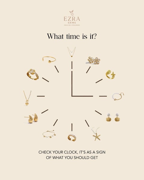 This creative uses a clock-face layout to display various gold jewelry pieces, turning a standard product catalog into a visual game.