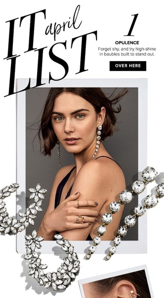 A magazine-style editorial layout featuring a model wearing statement jewelry alongside close-up shots of high-shine earrings.
