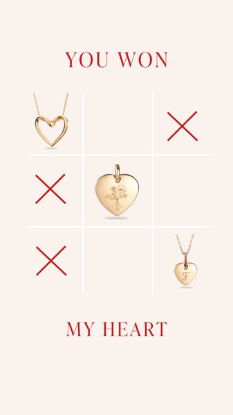 A clever, interactive-style ad creative for a heart-shaped necklace collection featuring a tic-tac-toe grid layout.