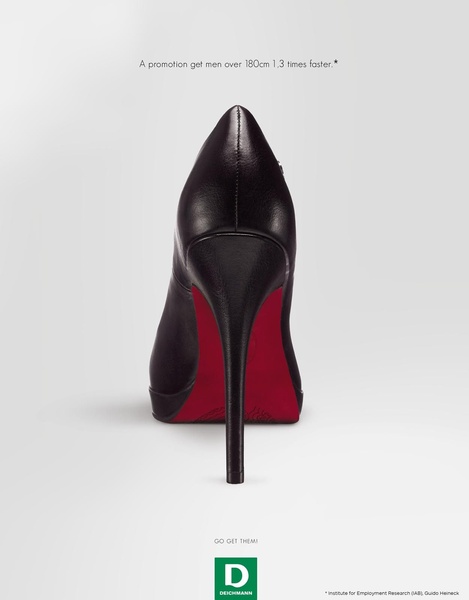 A minimalist, high-contrast ad featuring a single black high heel against a clean background with a text-based hook regarding professional status.