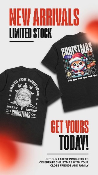 A 9:16 vertical social ad featuring two black t-shirts with festive, pixel-art style Santa and Christmas character prints, highlighted by clear urgency-driven text.