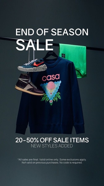 A clean, studio-lit display of a sweater and sneakers hanging on a rack against a dark, moody background, promoting an end of season sale.