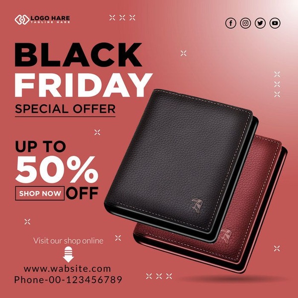 A promotional Black Friday graphic featuring two leather wallets in black and maroon, highlighting a 50% discount offer.