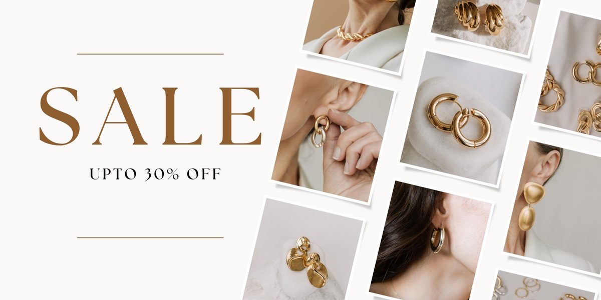 A high-contrast sale announcement featuring a minimalist white background alongside a curated multi-frame collage of gold hoop earrings.
