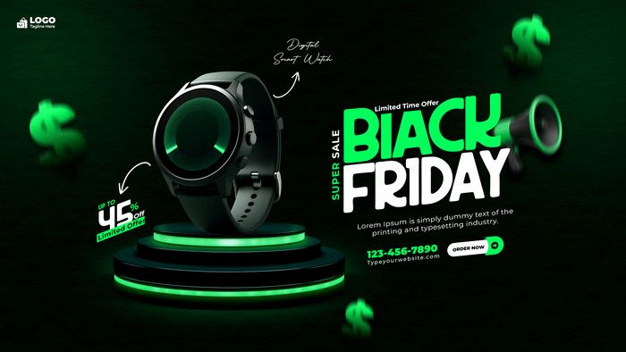 This creative features a sleek digital smart watch placed on a glowing pedestal against a dark, high-contrast background to maximize visual impact for a sale event.