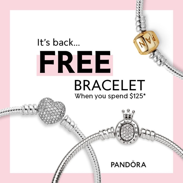 A high-conversion promotional ad featuring a free bracelet offer triggered by a specific spending threshold, using a clean, brand-focused aesthetic.