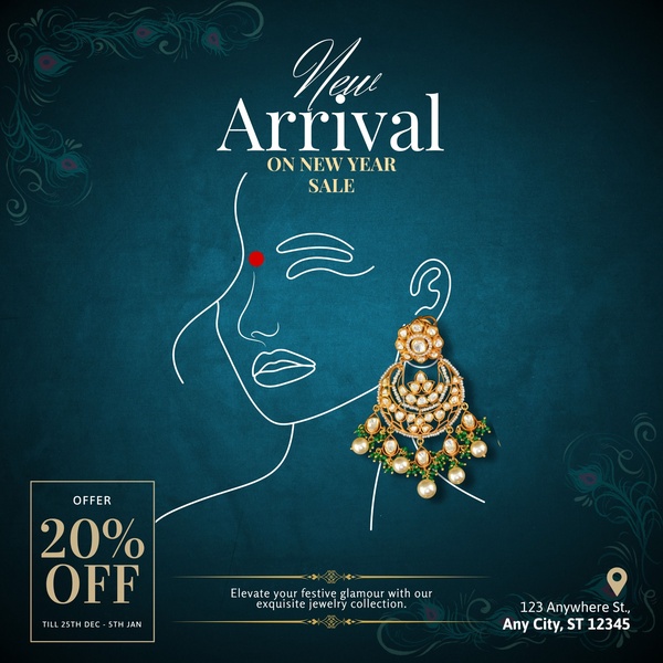 A sophisticated, minimalist advertisement featuring a single earring alongside a stylized line art portrait, promoting a 20% discount on a new collection.