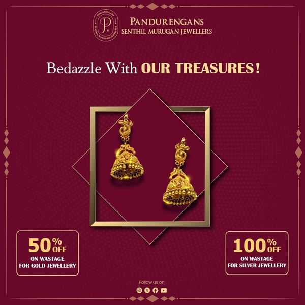 A square ad creative featuring a 1:1 ratio showcasing gold jhumka earrings with prominent discount offers for gold and silver jewelry on a deep red background.