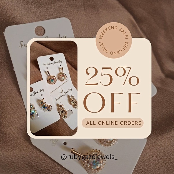 A minimalist, high-contrast promotional graphic featuring multiple earring sets, highlighting a 25% discount for weekend online orders.