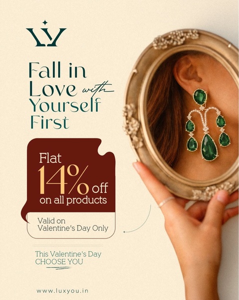 A soft-focus aesthetic ad for elegant jewelry featuring a promotional offer tied to Valentine's Day self-appreciation.