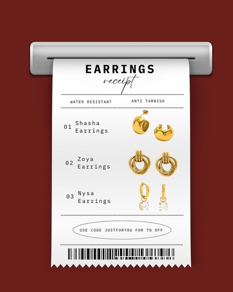 A minimalist, receipt-style graphic listing three distinct earring sets, using a classic coupon-code hook to drive immediate conversion.