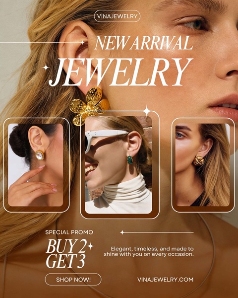 A promotional collage-style ad featuring various jewelry styles with a prominent buy-two-get-three offer.