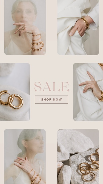 A high-end 9:16 layout showcasing gold chain jewelry and earrings against neutral, textured backgrounds to emphasize a premium brand aesthetic.