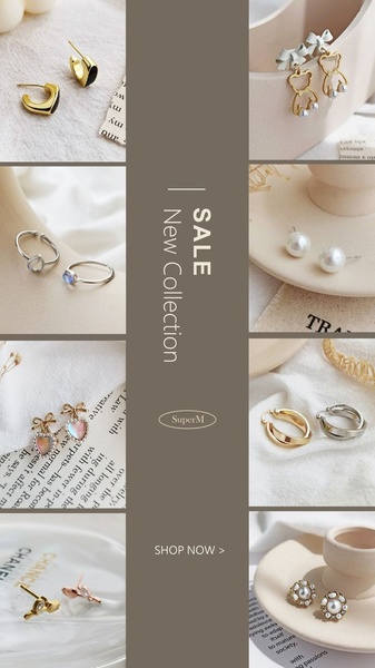 A vertical 9:16 collage showcasing various minimalist earrings and rings on neutral backgrounds, highlighted by a central text area promoting a new sale.