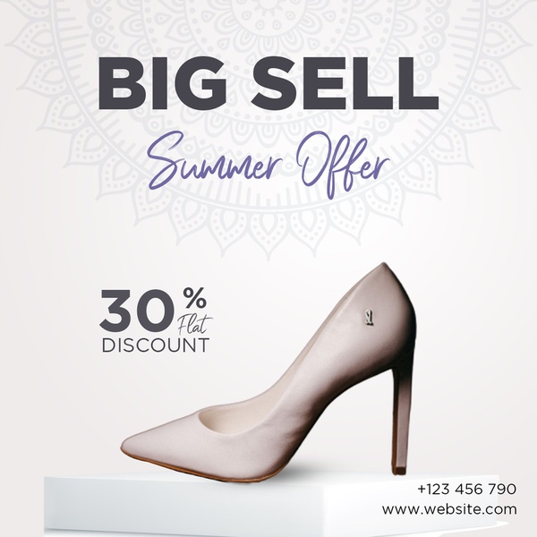 A clean, square-format ad showcasing a single high heel on a pedestal, emphasizing a 30% discount with elegant, centered typography.