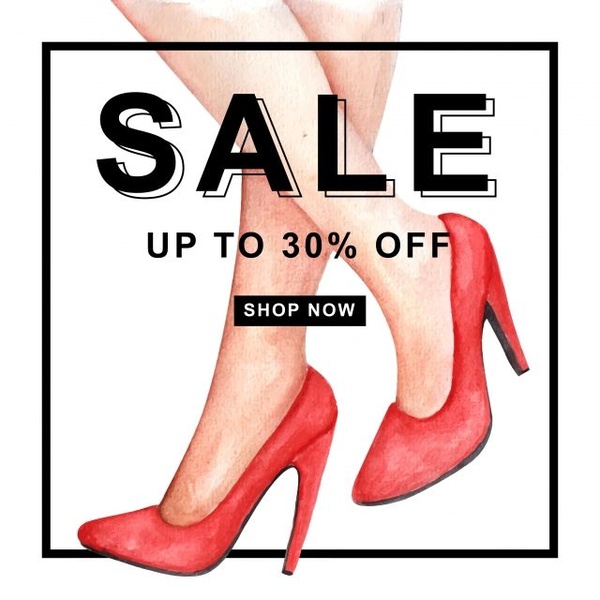 A clean, minimalist 1:1 square ad featuring a watercolor illustration of legs in red high heels with bold typography announcing a 30% off sale.