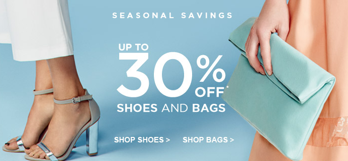 A high-contrast, clean 21:9 ratio promotional ad featuring a model showcasing footwear and a clutch purse with bold percentage-off messaging.