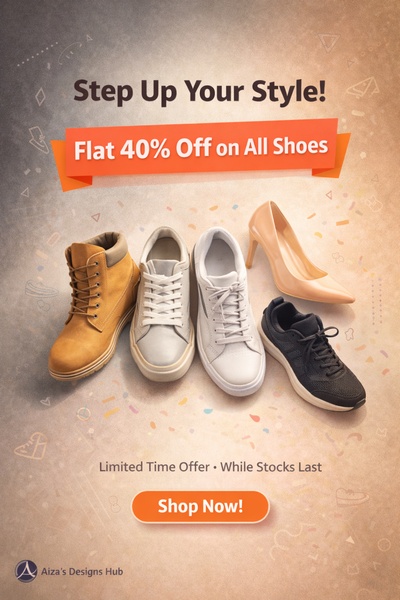 A vertical-oriented promotional graphic featuring a collection of diverse footwear styles against a neutral, patterned background with a prominent discount call-out.