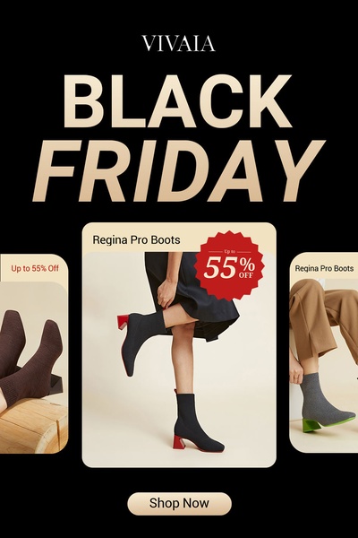 A high-contrast Black Friday promotional creative featuring modular product shots of boots with a clear discount overlay.