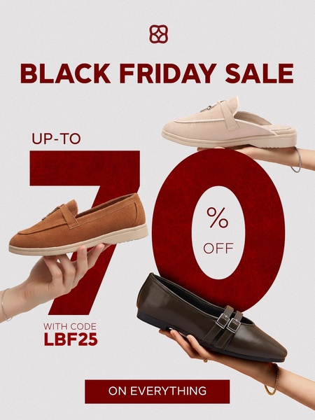 A high-contrast promotional graphic featuring multiple loafer styles being held, emphasizing a 70% off discount and a clear promo code.