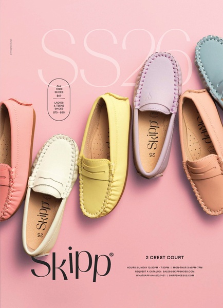 A flat-lay photography composition showcasing six colorful loafers in pastel shades on a matching pink background with clear pricing and brand information.