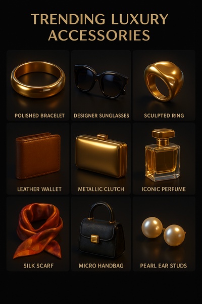 A clean, dark-themed 3x3 grid display featuring a curated selection of luxury fashion accessories with gold accents.