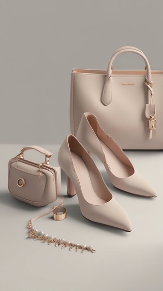 A refined studio composition featuring a structured handbag, matching heels, and delicate jewelry set against a neutral, high-end background.